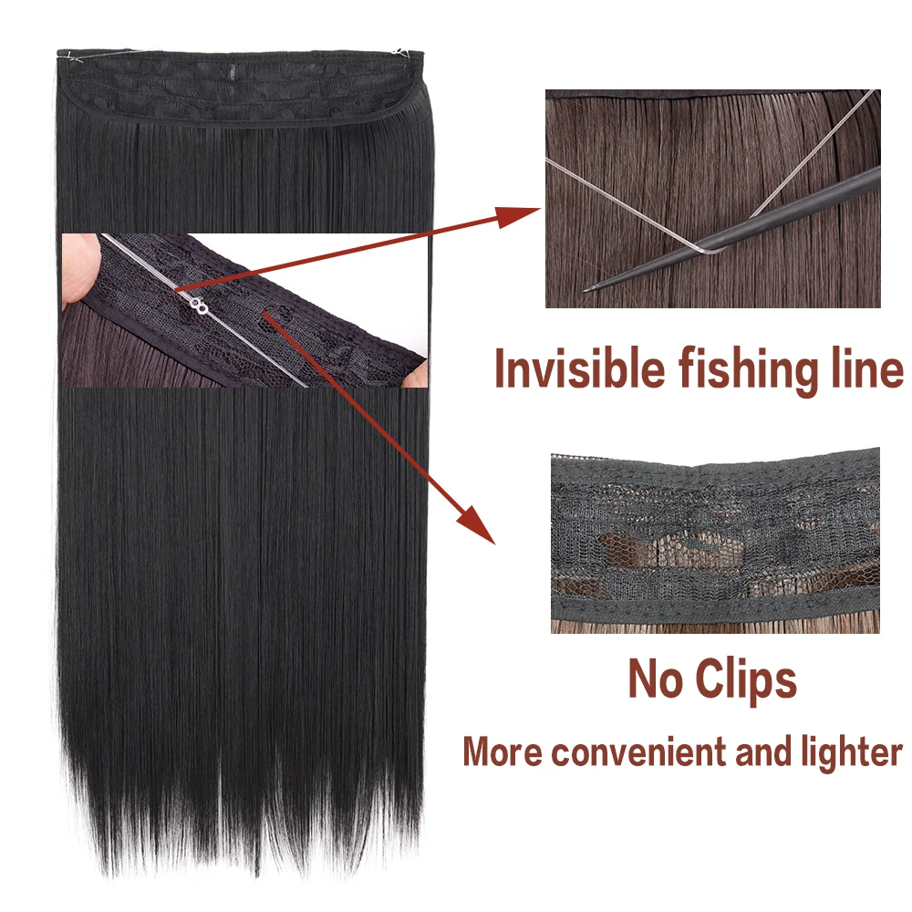 MERISIHAIR Synthetic No Clip Wave Hair Extensions Hidden Secret False Hairpiece One Piece Fish Line Fake Hair Piece