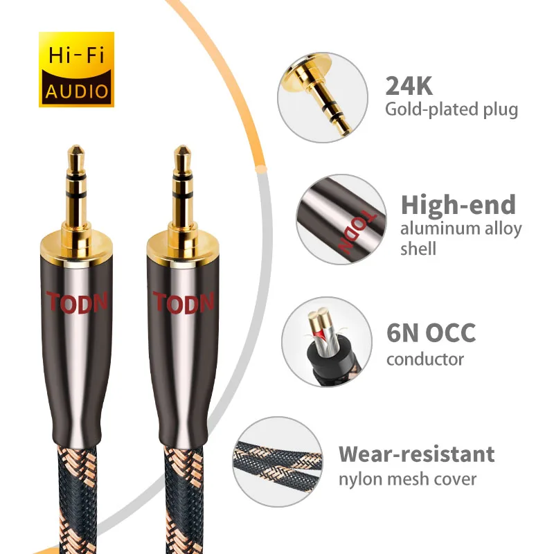 TODN Aux Kabel 6N OCC Jack 3,5MM do 3,5MM Kabel audio Głośnik do iPhone\'a Komputer Głośnik samochodowy do iPada Do Huawei Xiaomi