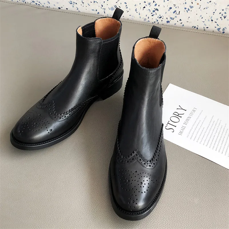 Meotina Women Natural Genuine Leather Ankle Chelsea Boots Round Toe Thick Mid Heel Short Boot Brogue Shoes Ladies Winter Autumn