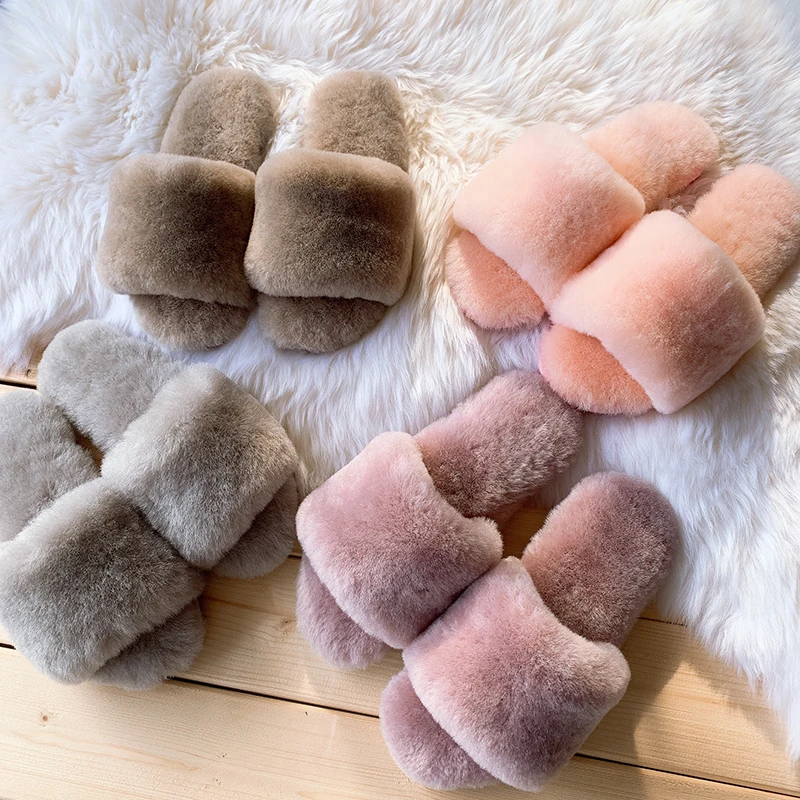 100% Natural Sheepskin Winter Warm Fur Slippers Women Home Shoes Indoor Slipper 2023 Luxury Wool Slippers Woman Casual Slippers