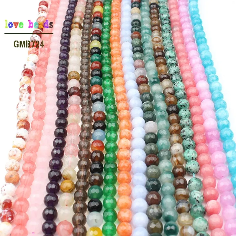 4/6/8/10mm Natural Stone Faceted Pink Blue Chalcedony Jades Agates Round Beads for Jewelry Making 15\'\' DIY Necklace Bracelet