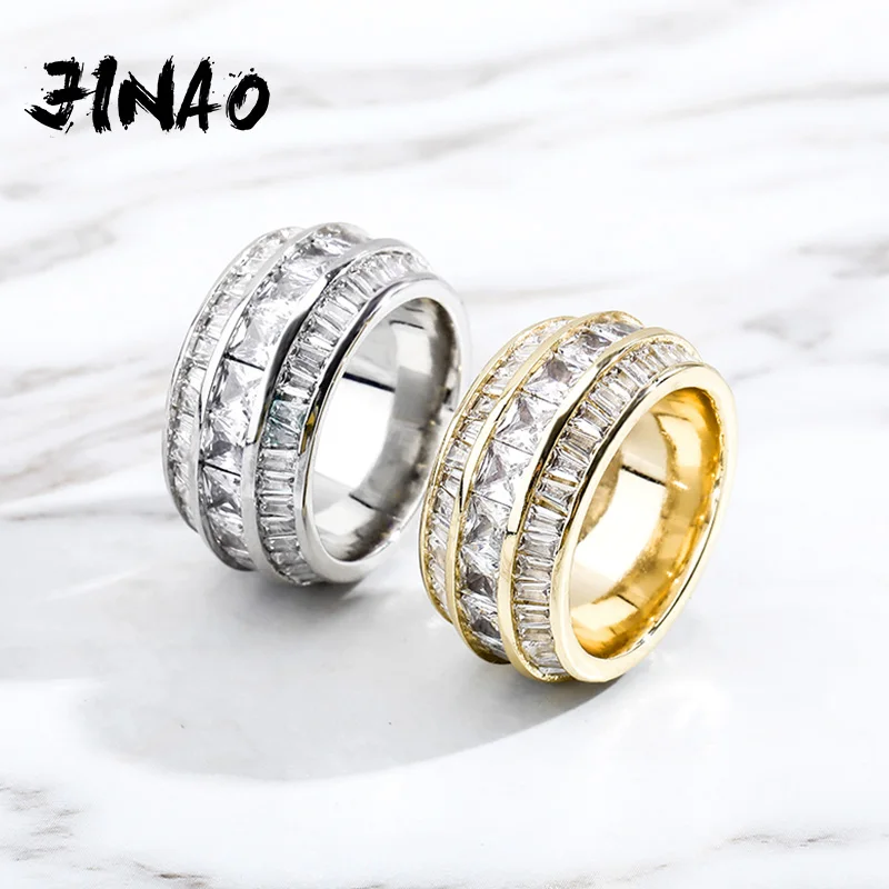 JINAO Square Cubic Zirconia Stones Rings Iced Out Micro Pave Cool Men Women Couple Gold Color Rings Hip Hop Jewelry Gift