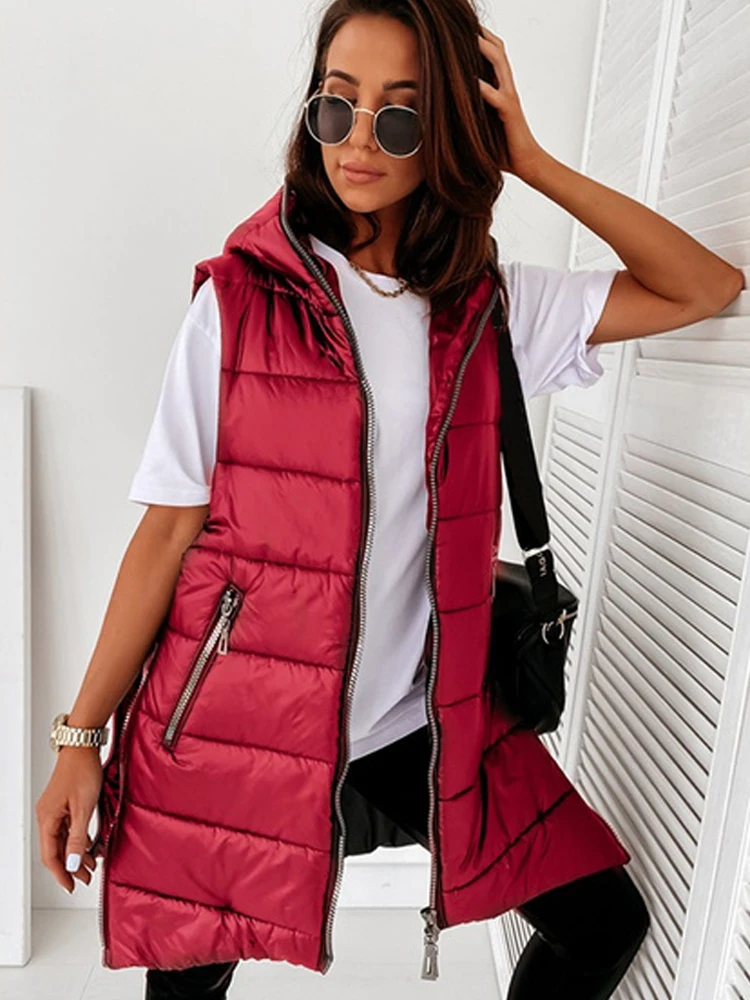 Sleeveless Vest Hooded Jacket Women Quilted Puffer Coat Cotton Padded Waistcoat Casual Streetwear Fashion Zipper Pocket Jacket