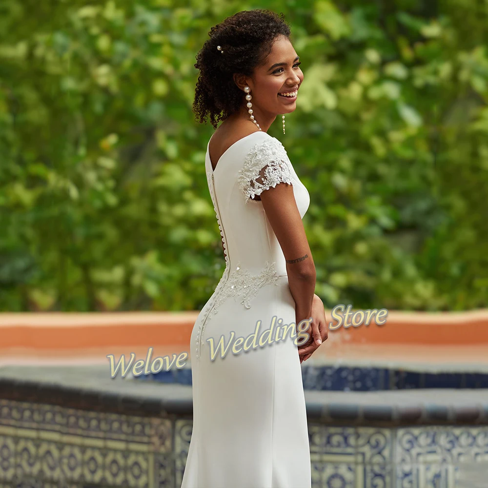 Vestido de novia de trompeta Vintage con cuentas, vestido de novia Civil Simple, mangas casquillo, longitud hasta el suelo, botones personalizables en la parte trasera, 2022, Summe