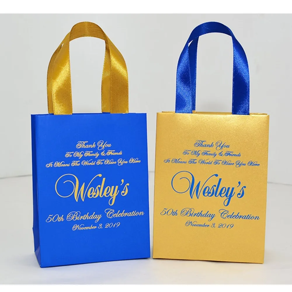 Personalized Royal Blue & Gold Birthday Party Favor Bags for guests with satin ribbon  and your name,  50th Anniversary gift bag