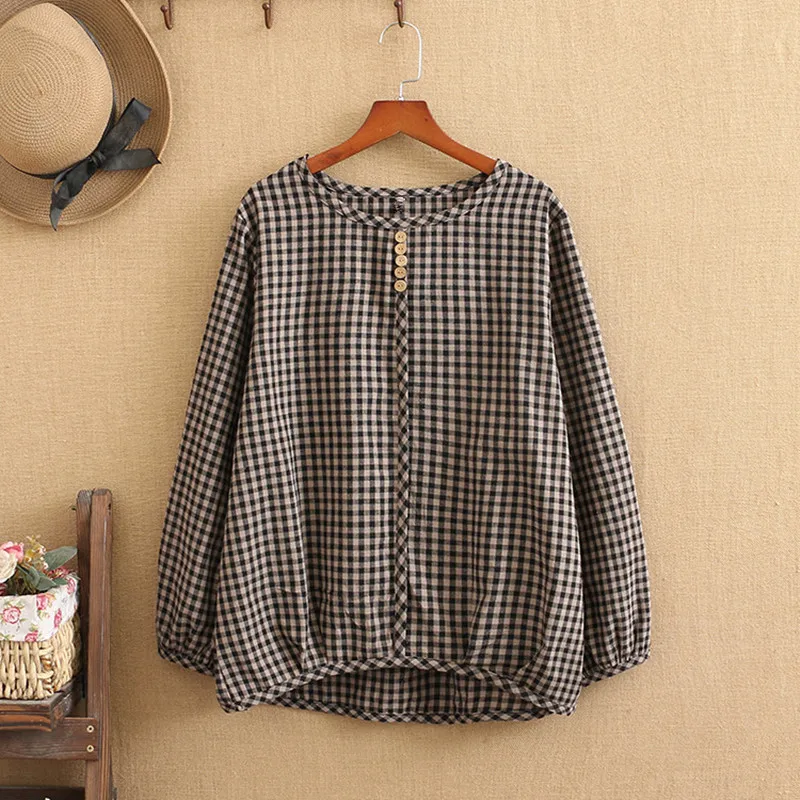 Women Plus Size 2021 Fall And Spring Clothing Trendy Round Collar Shirt Long Sleeves Checkered Pattern  Widen and Fatten Large