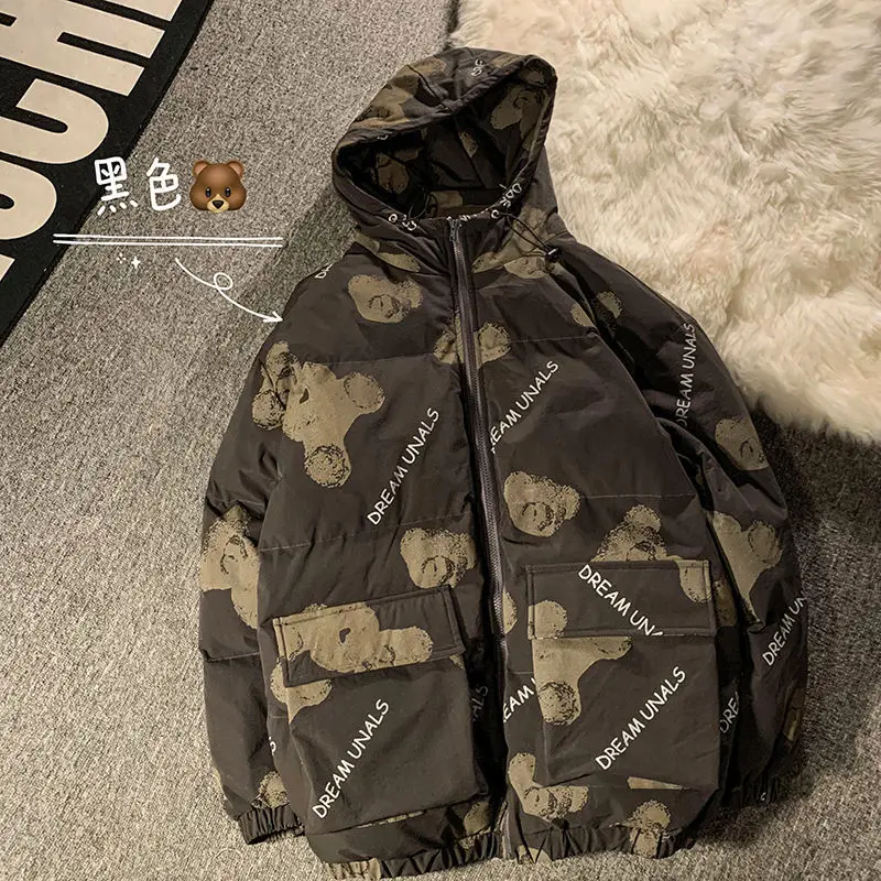 Large pocket tooling padded jacket women 2024 winter loose print hooded thick warm jacket for student daily working lady girls