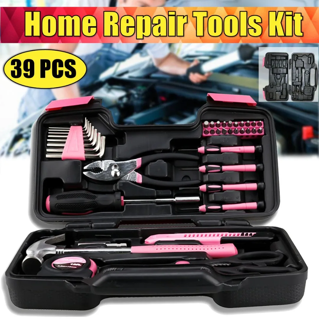 

New 39pcs Pink Tool Set Household Repair Tools Kit Box Mechanics Women Ladies