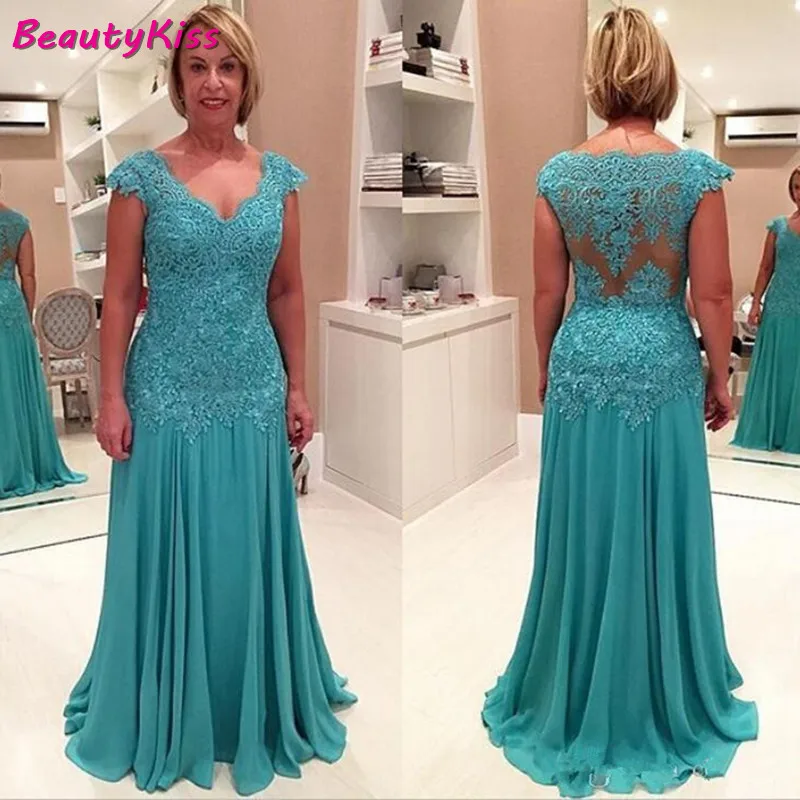 Plus Size Mother Of The Bride Dresses A-Line Cap Sleeves Chiffon Appliques Formal Long Groom Mother Dress For Wedding