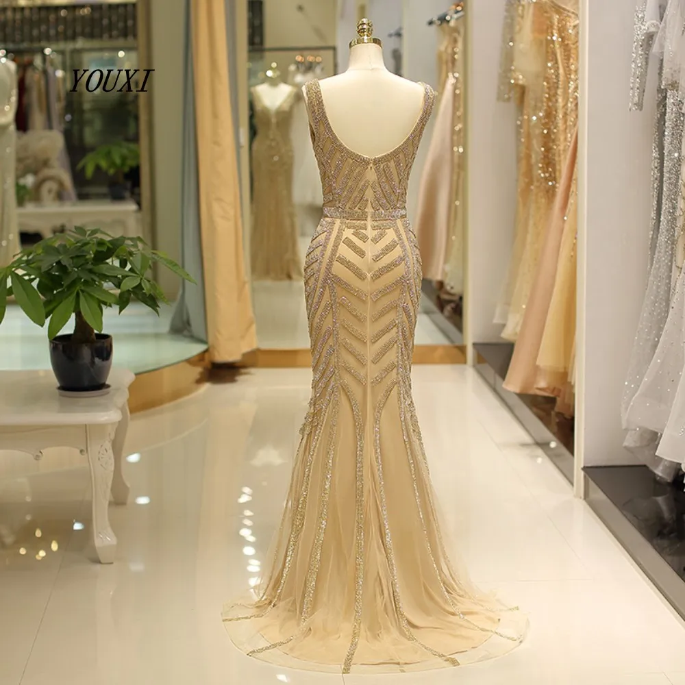 Customized YOUXI Mermaid Evening Dress V- Neck Gold Crystal Beading Abendkleider Lang Formal Gown robe de soiree