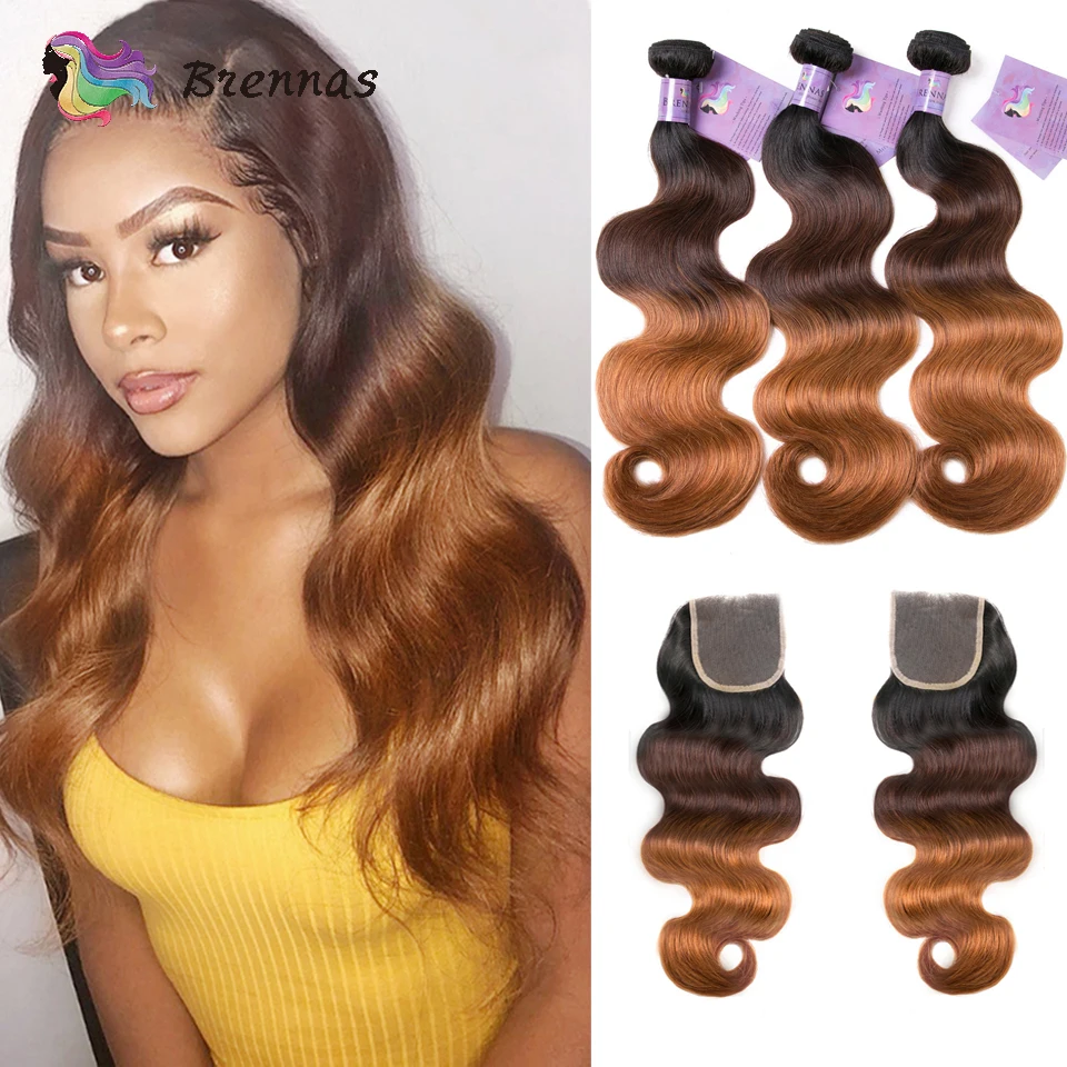 Brazilian Body Wave Human Hair Bundles With Closure 1B/4/27 100% Human Hair Weaves Ombre Body Wave Bundles With 4x4 Lace Closure