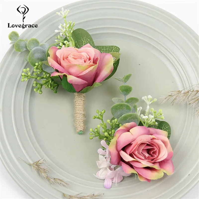 Lovegrace Rose Boutonniere Bridal Pols Corsage Bruidegom Boutonniere Meisje Armband Wit Geel Pols Corsage Kwaliteit Nep Bloemen