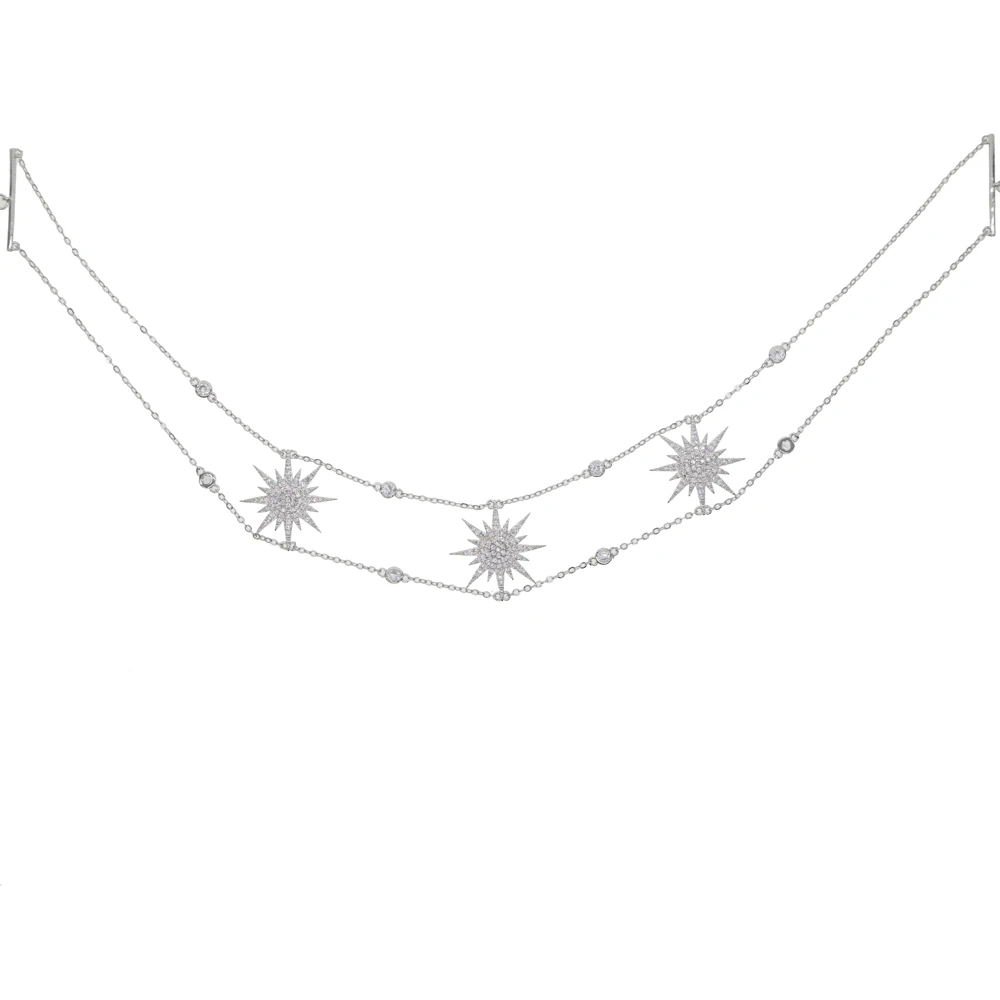 Bling cz paved 3pcs north Star Choker double chain Necklace