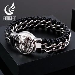 Fongten Wolf Lion Chain Bracelet For Men Braid Stainless Steel Black Color Leather Men's Bracelets Bangle Wristband Jewelry