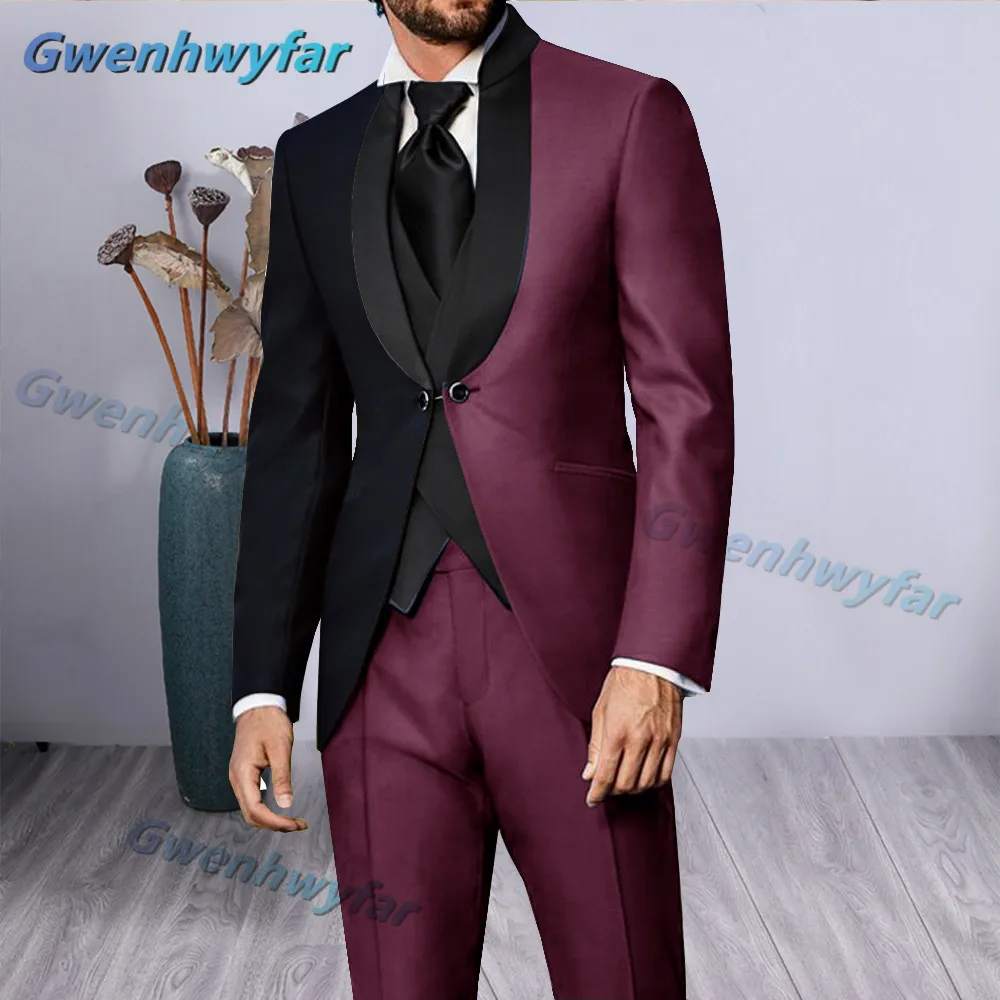 Gwenhwyfar Luxury Mixed Red Black Dinner Party Men Suits Black Stand Lapel Two Ways Buttoned Blazer Sets Wedding Groom Tuxedos