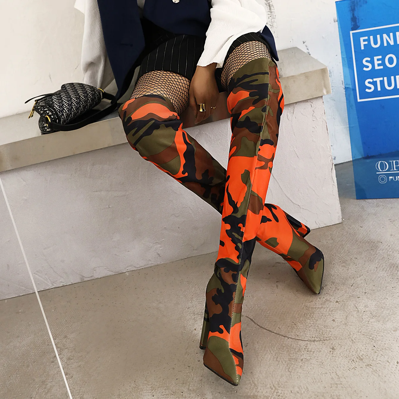 Printed Dyed Fabric Trendy Thick Heel Pointed Toe Over-The-Knee Boots Graffiti Print Flower Camouflage Ethnic Pattern Boots