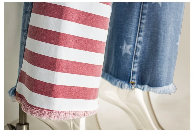Flared Jeans Striped Women Denim Pants Color Block Star Pattern Wide Leg Trousers Streetwear American Bell Bottom Bootcut 4XL