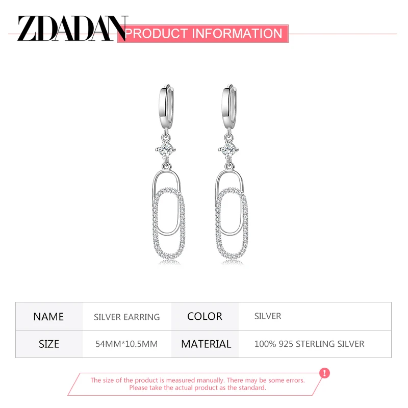 ZDADAN 925 Sterling Silver Geometric Paper Clip Pendant Earrings For Women Fashion Wedding Jewelry Gift