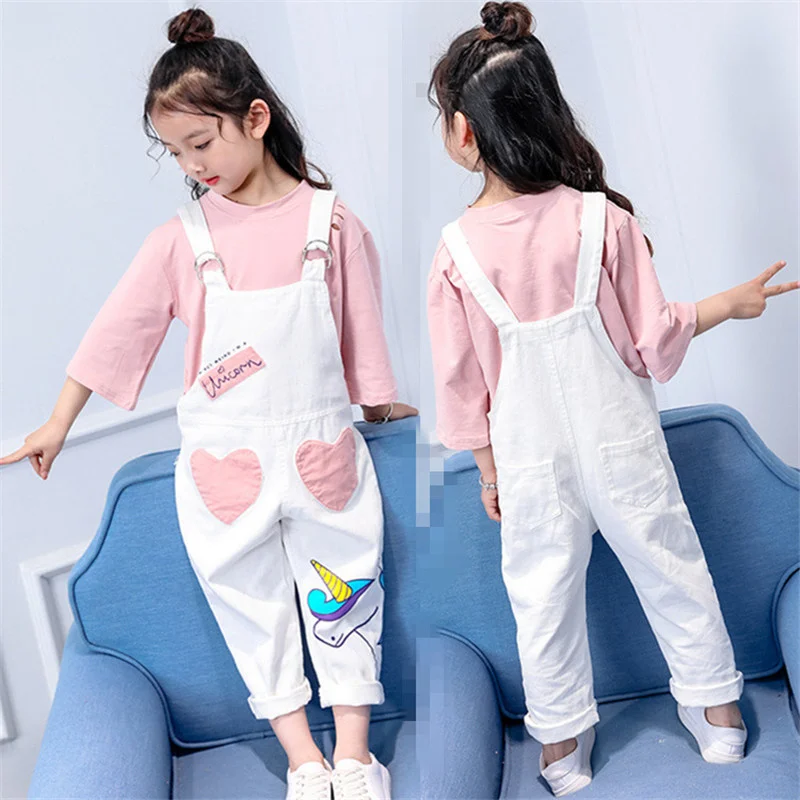 Summer Girls Pants White Bib Overalls Denim Jumpsuit New Baby Girls Cartoon Patch Braces Comfortable Children\'s Clothes Rompers