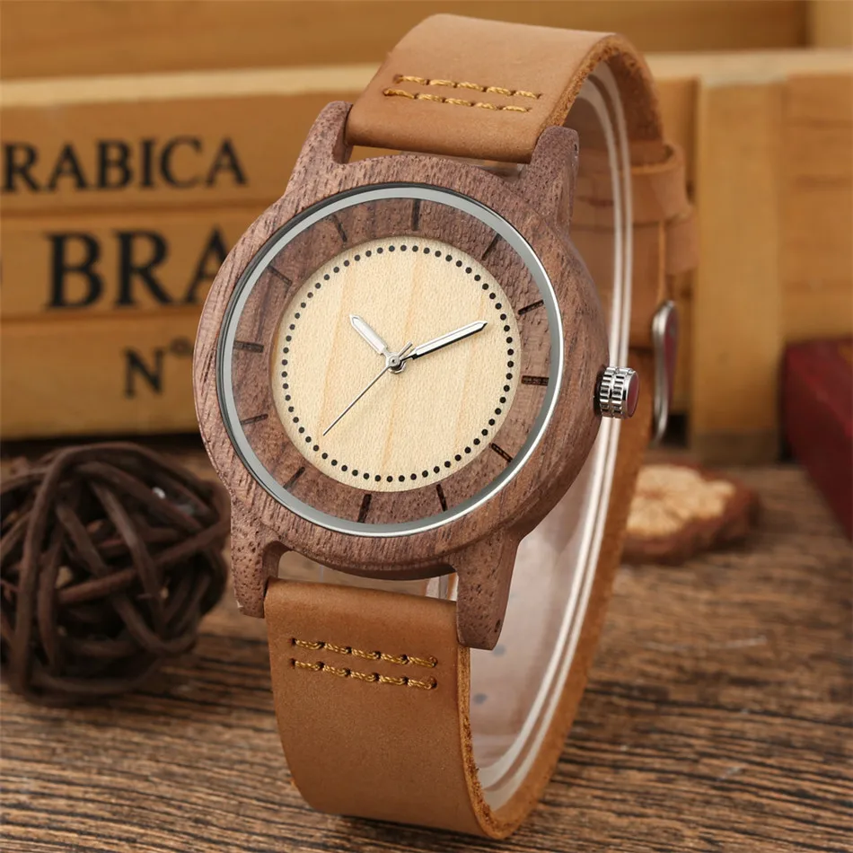 Coffee Walnut Wood Men\'s Watch Genuine Leather Wood Watches White/Red Simple Watch Dial Unisex Wooden Watches reloj masculino