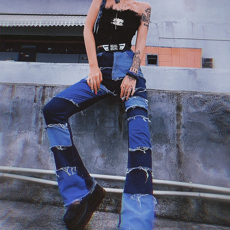 

2022 Flexible High Waist Jeans Women Casual Long Trouses Ladies Patchwork Fashion Denim Pants Capris Pocket Streetwear KZ720