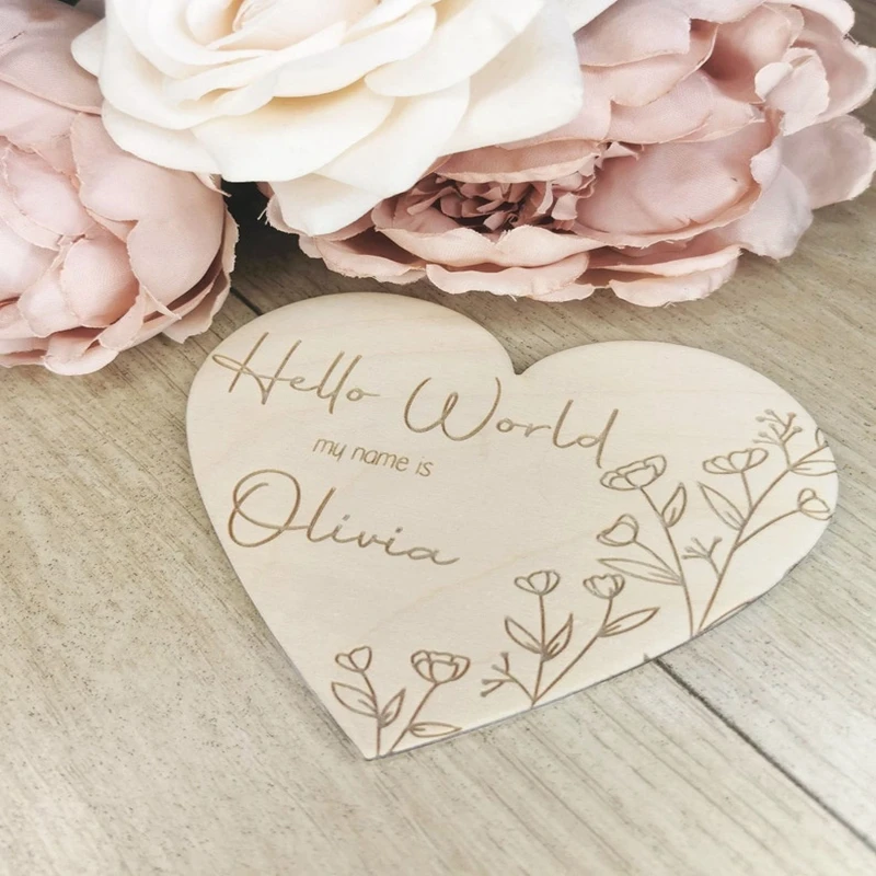 1pcs Personalised Hello World Heart Shape Flower Disc, Baby Milestone Cards, Welcome To the World Gifts,wooden Rustic Keepsake