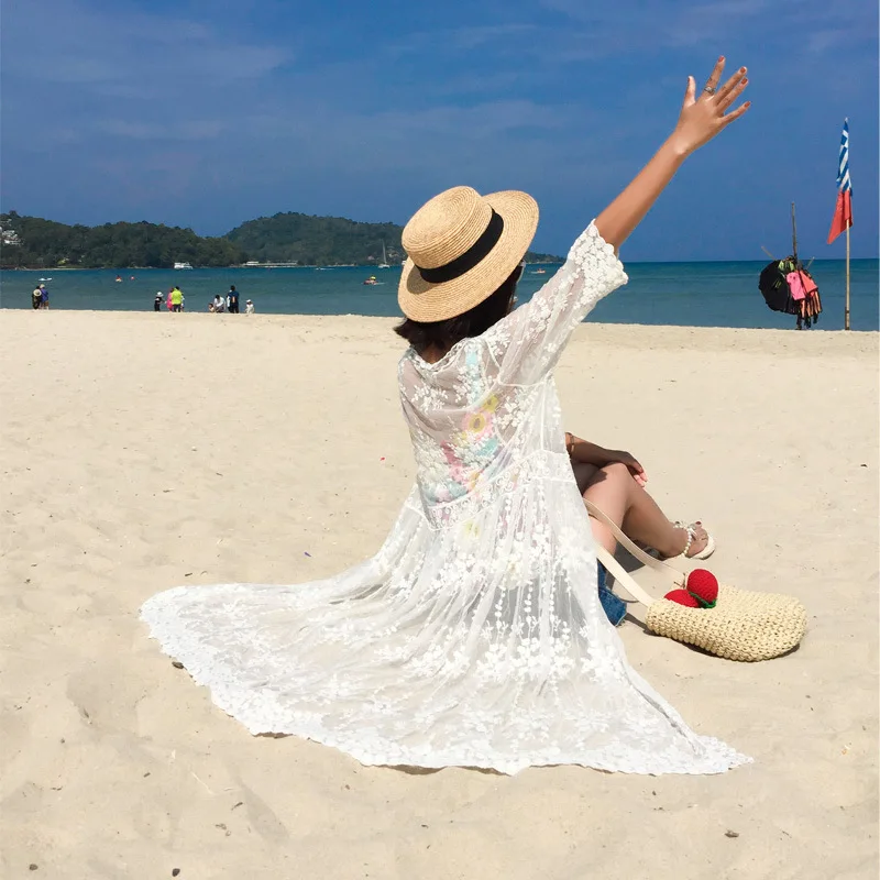 Korean Lace Cover Up Women White Beach Dress Ladies Bikini Cape Summer Boho Sexy See Through 3/4 Sleeve Mesh Cardigan