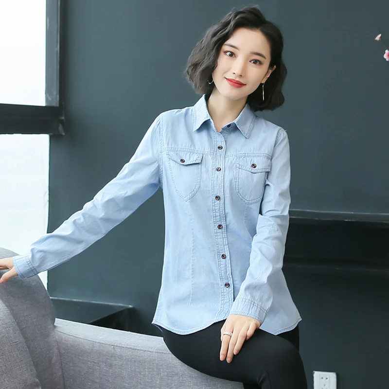 S-3XL Frauen Denim Shirt Frühling Herbst 2024 Neu Zwanglos Retro Lange Ärmel Lose Oberteile Hemden Schlank Baumwolle Bluse Weiblich Blau