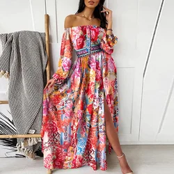 Abito da sera grande altalena con stampa elegante 2022 abito da donna Sexy con scollo a barchetta Boho Maxi abito da donna nuova moda primavera estate