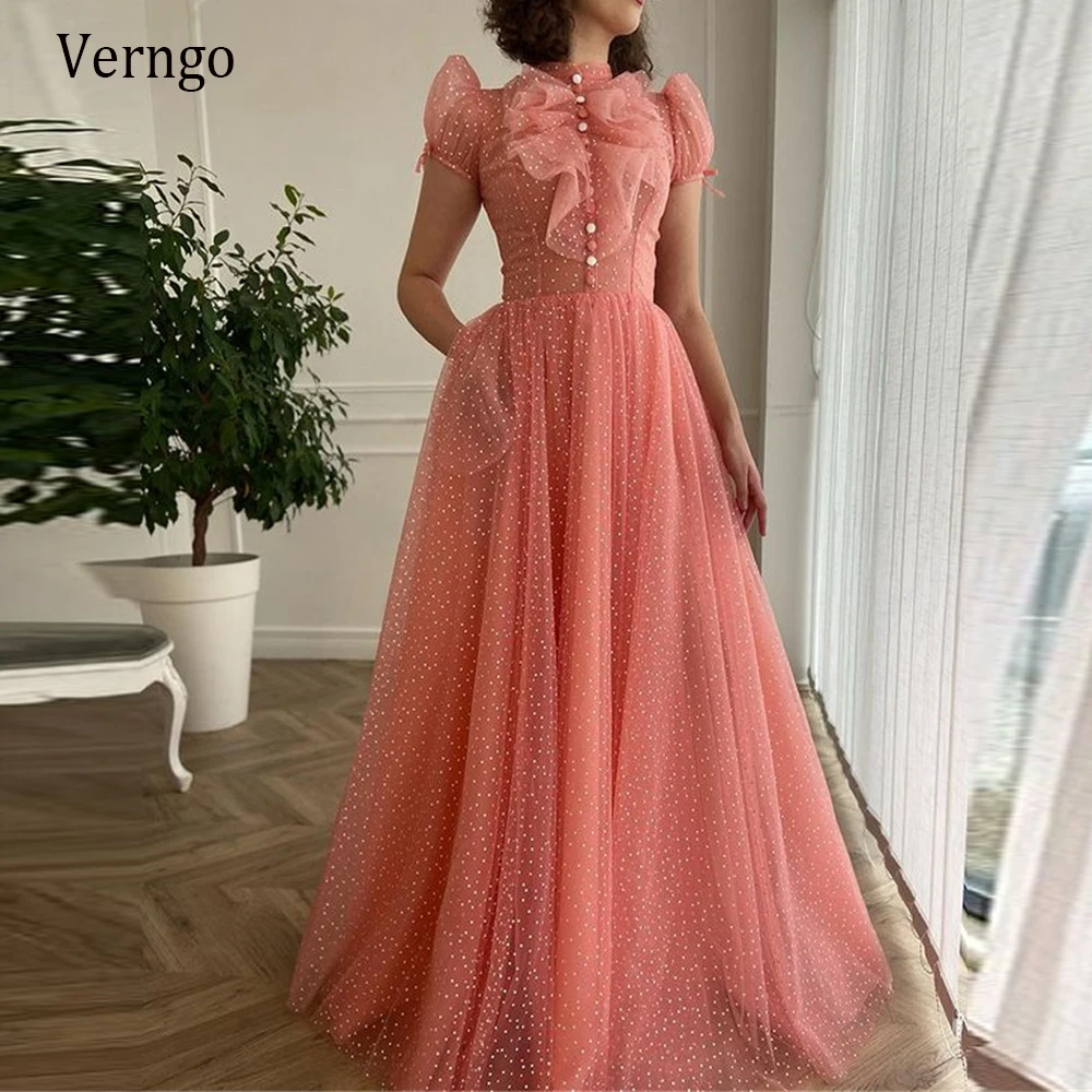 

Verngo 2021 New Water Melon Polka Dotted Tulle A Line Long Prom Dresses High Neck Ruffle Short Sleeves Bottons Evening Gowns