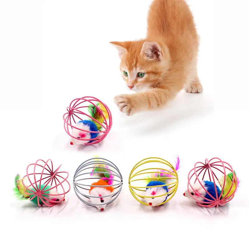 Juguete interactivo para gatos, varita de plumas con campana pequeña, jaula de ratón, juguete de plástico colorido Artificial, suministros de