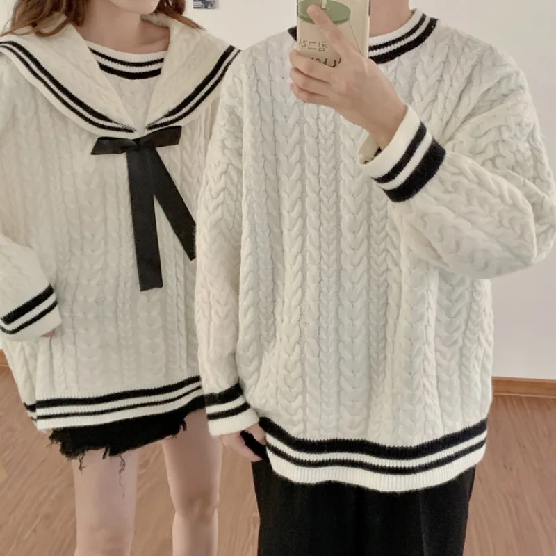 

Japanese Sweet Long Sleeve Sweaters Women Men Spring Autumn Preppy Style Lover Couple Knitted Pullovers Harajuku Knitwear Tops