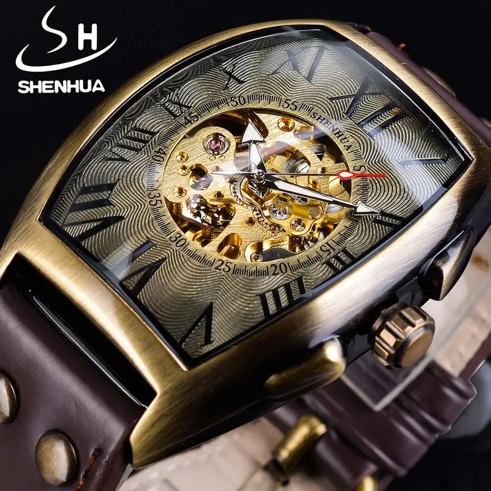 

Shenhua Golden Skeleton Dial Retro Roman Analog Men Watches Automatic Brown Leather Band Luminous Top Brand Mechanical Clock