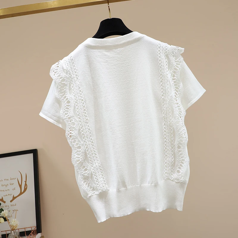 2022 White Summer New Korean Style Lace Panel Short-Sleeve T-shirt Black Tshirt Women\'s Casual Round Neck T-shirts Tees Tops