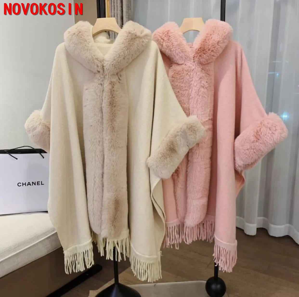 

3 Colors Women Big Faux Rabbit Fur Collar Long Tassel Out Wear Winter Warm Cloak Thick Batwing Sleeves Loose Coat Poncho Capes