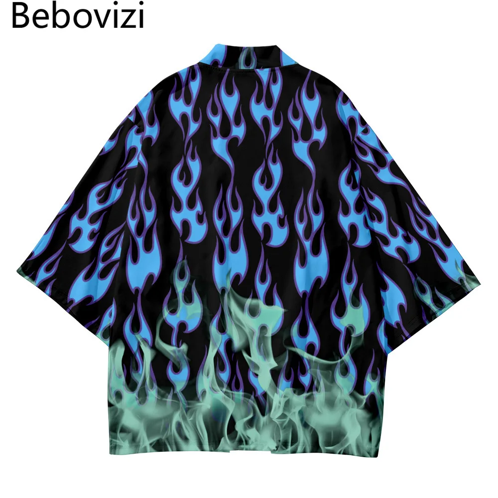 Fashion Kimono Men Women Cardigan Haori Obi Asian Clothes Pants Suit Plus Size 6XL Blue Flame China Harajuku Japanese Style Sets