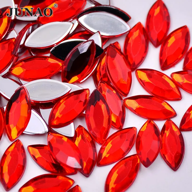 JUNAO 4*8mm 7*15mm Horse Eye Red Crystals Flat Back Rhinestone Stickers Glue On Acrylic Stones for Jewelry Decoration