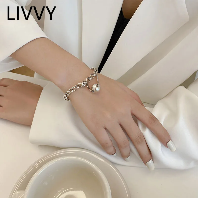 

LIVVY New Fashion Minimalist Silver Color Bracelet for Women Creative Ball Pendant Punk Bangle Party Jewelry Gifts