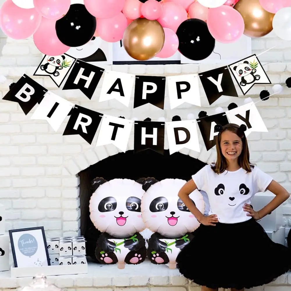 115 Pcs Black White Pink Balloon Garland Set Panda Pull Flag Theme Party Baby Shower Girl Birthday Romantic Proposal Decoration