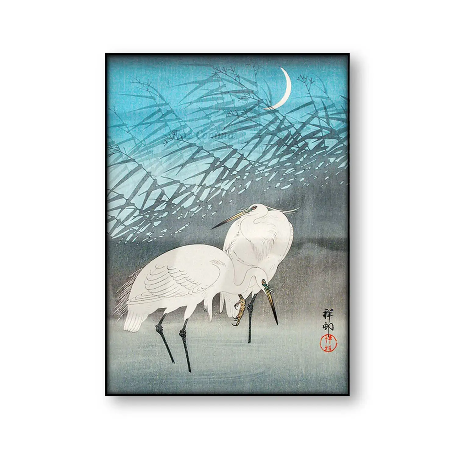 Egrets and Reeds in Moonlight Ohara Koson Vintage Japanese Art Poster Bird Canvas Print Animal Woodblock Wall Art Home Decor