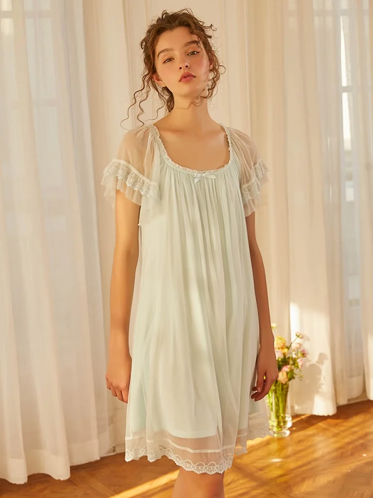 Summer Vintage Women\'s Long Sleepwear Short Sleeve Sweet Girls Gauze Princess Nightgowns Loose Royal Dress