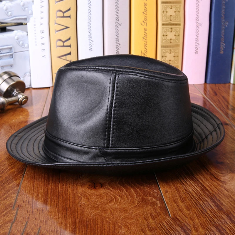 Retro Man High Quality Genuine Leather Jazz Fedora Gentleman Sheep leather Short Brim Black/Brown Top Hat Male Shows Topper