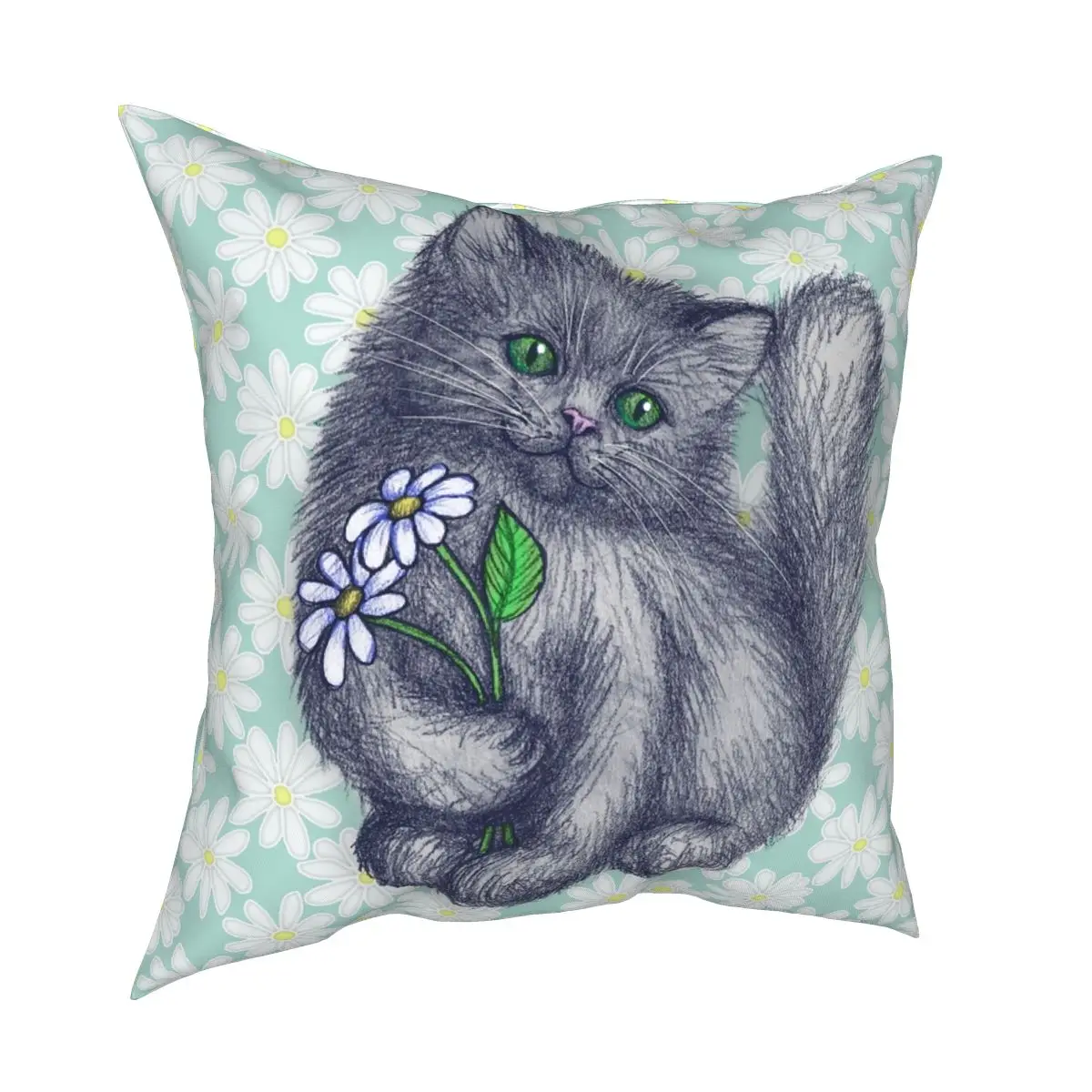 Cute Kitten With Daisies Square Pillowcase Printed Zip Decorative Throw Pillow Case Bed Cushion Cover 18