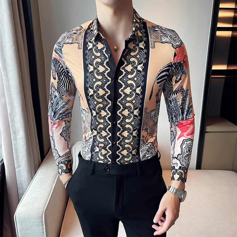 Luxury Men\'s Floral Shirt Asian Size Slim Fit Long Sleeve Button Paisley Shirt Blouse Men British Style Printed Blusas Y Camisas