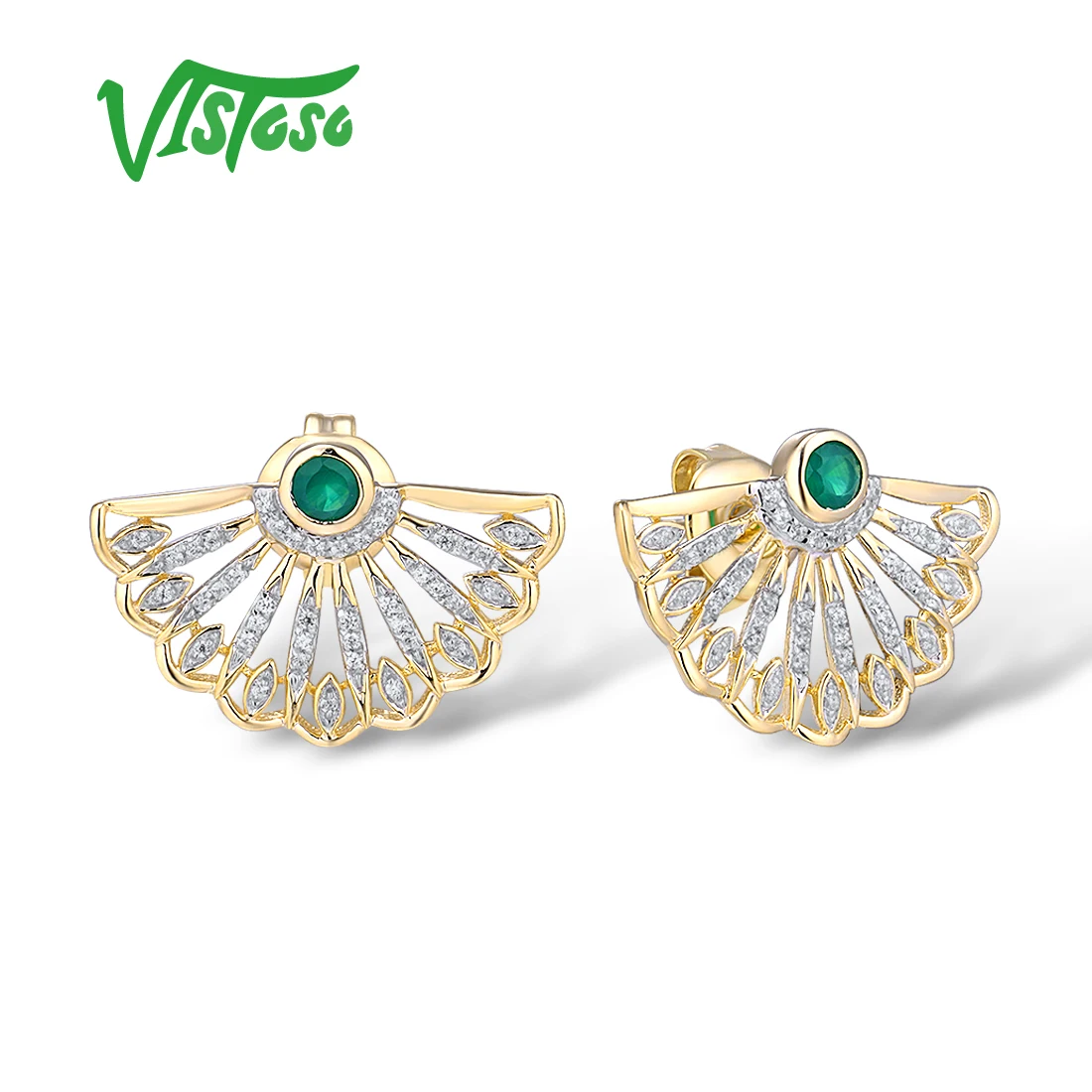 VISTOSO Pure 14K 585 Yellow Gold Earrings For Women Sparkling Emerald Diamond Oriental Fan Shape Stud Earrings Fine Jewelry