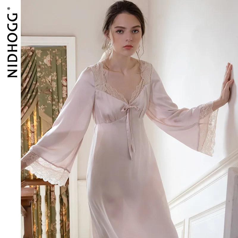 Autumn Thin Court Dress Long-sleeved Silk Sexy Sleepwear V-Neck Vintage Nightgowns Pink Long Sleeping Skirt Satin Slip Dress