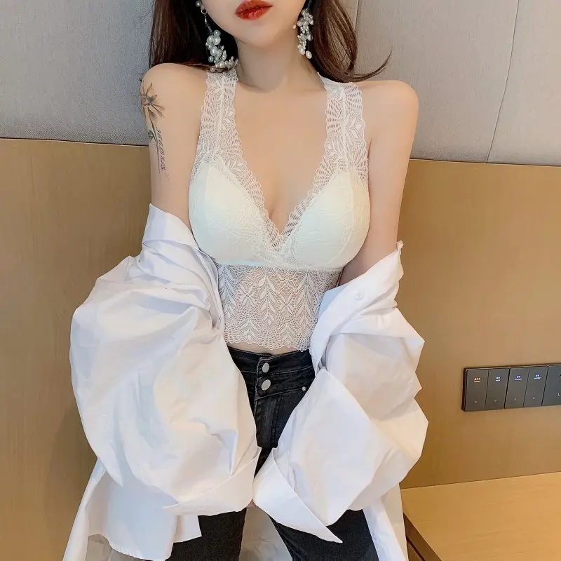 Women Sexy Lace Crop Top Crop Sleeveless Cropped Vest Slim Sling White Tank Top Low Cut Party Club Camisole High Elastic Camis