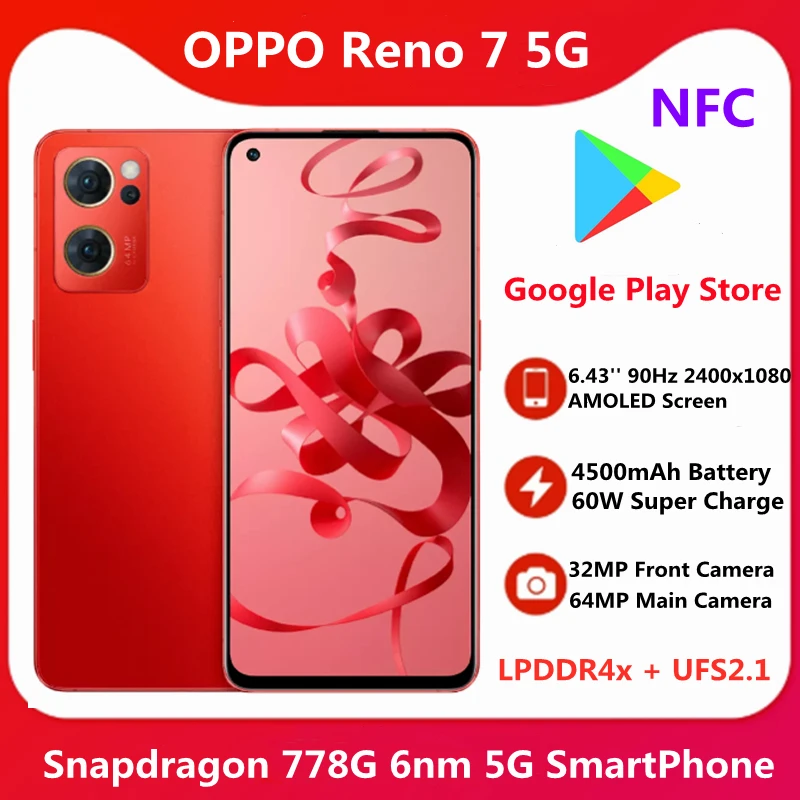 OPPO Reno 7 5G Smart Phone Color OS 12 Android 11 6.43'' 90Hz AMOLED Screen NFC Snapdragon 778G 60W Super Charge 4500mAh Battery 1