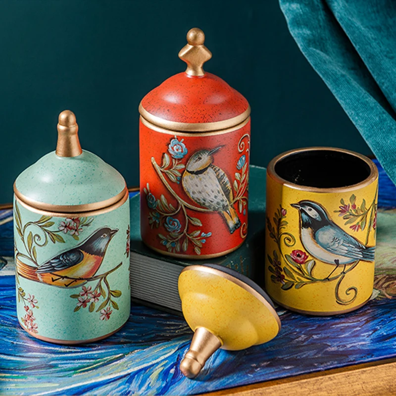 Retro Ceramic Kitchen Canister Vintage Storage Bottles Tea Candy Tin Sugar Pot Pastoral Bird Printing Painted Storage Jar Cans