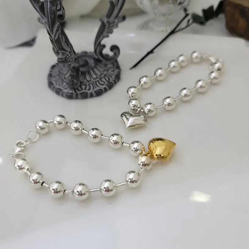 LIVVY Silver Color Smooth Love Heasrt Pendant Bracelet Fashion Temperament Simple Beautiful Beaded Chain Bangles Jewelry